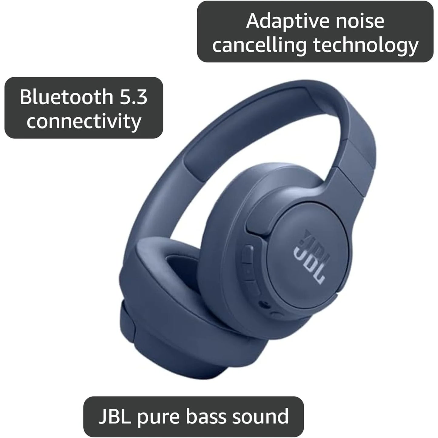 JBL Tune 770NC Wireless Over-Ear Headphones with Adaptive Noise Cancelling, Smart Ambient, Bluetooth 5.3, Blue