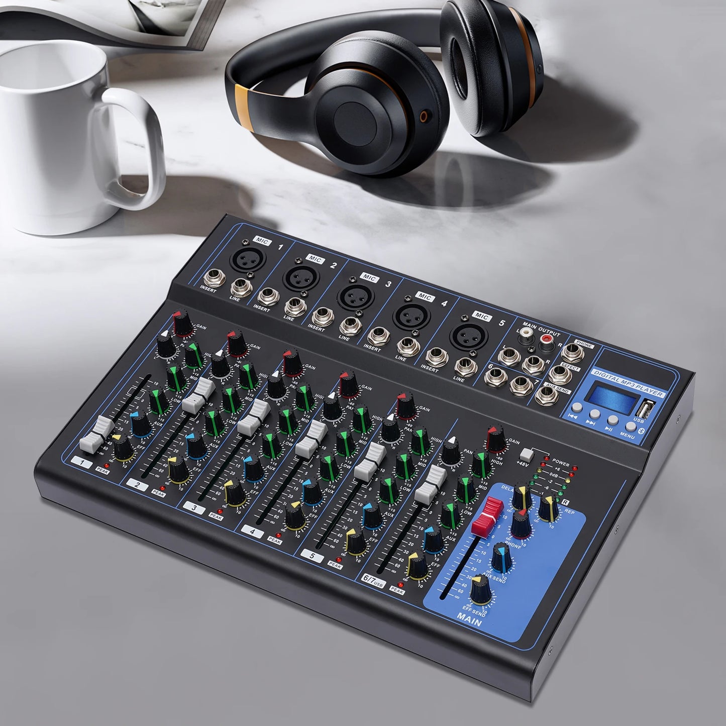 Bluetooth Portable 7-channel Audio Mixer with USB DJ Sound Mixing Console MP3 Jack 48V Power for Studio Recording
