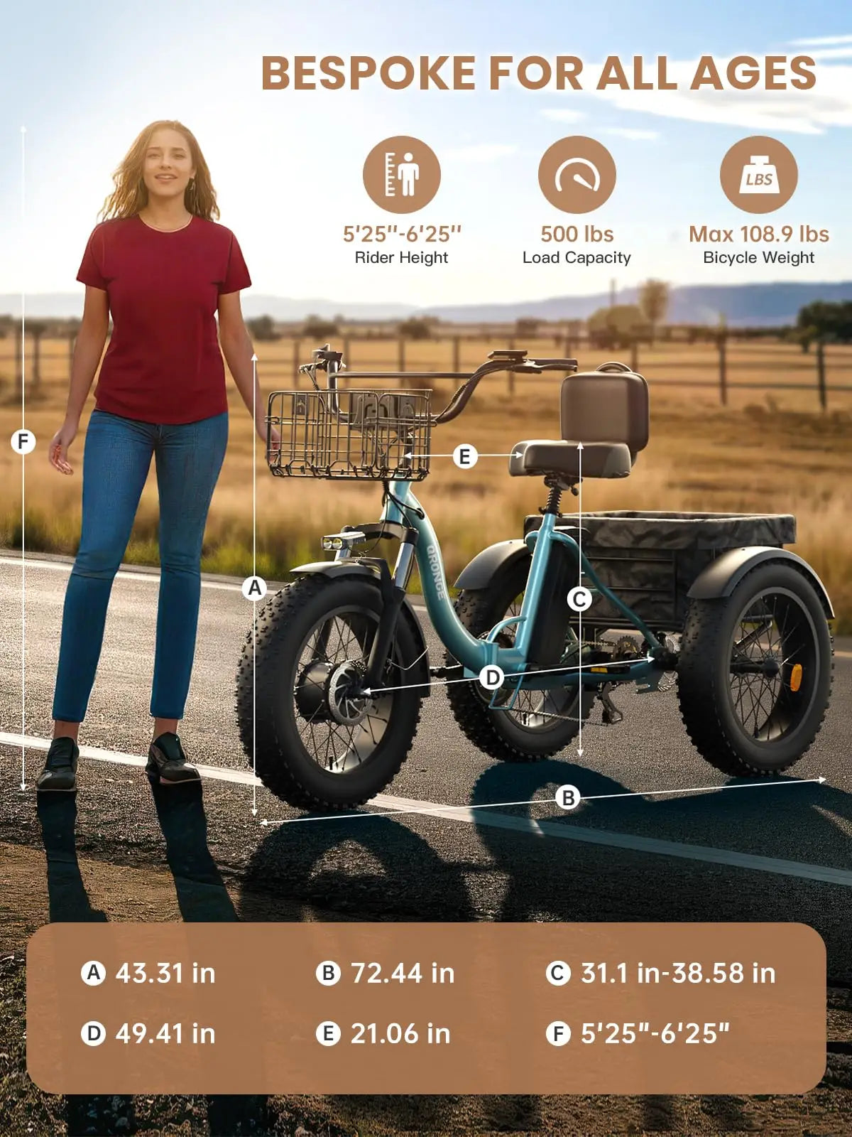 QRONGE Lava Electric Tricycle For Adults 960W Peak 36V 15AH Battery E-bike 50 Miles Range With Large Rear Basket Electric Trike