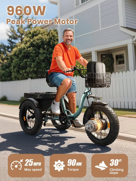 QRONGE Lava Electric Tricycle For Adults 960W Peak 36V 15AH Battery E-bike 50 Miles Range With Large Rear Basket Electric Trike