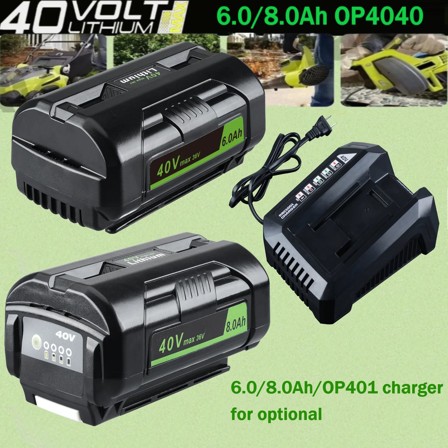 40V 6.0/8.0Ah OP4040 Battery pin with OP401 charger for Ryobi Series Wireless Power Tools OP4026 OP4030 OP4050 OP4060A OP40201