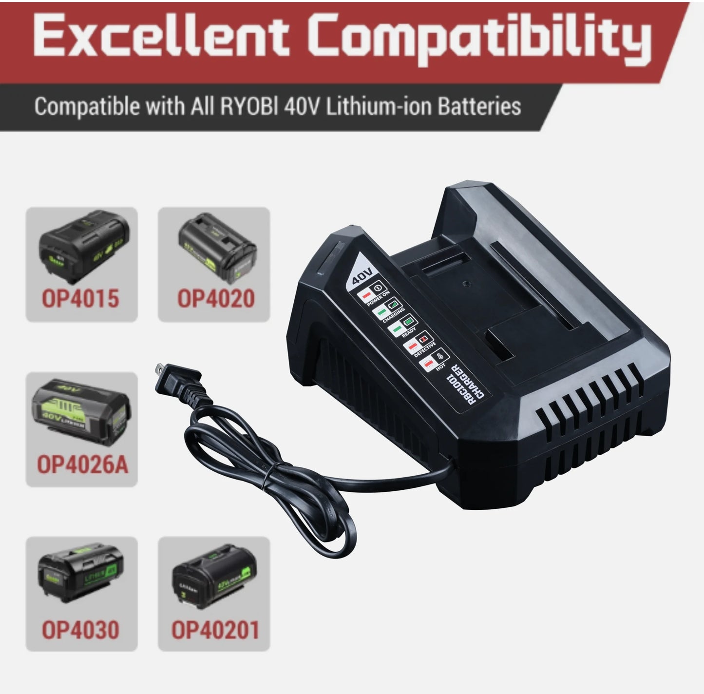 40V 6.0/8.0Ah OP4040 Battery pin with OP401 charger for Ryobi Series Wireless Power Tools OP4026 OP4030 OP4050 OP4060A OP40201