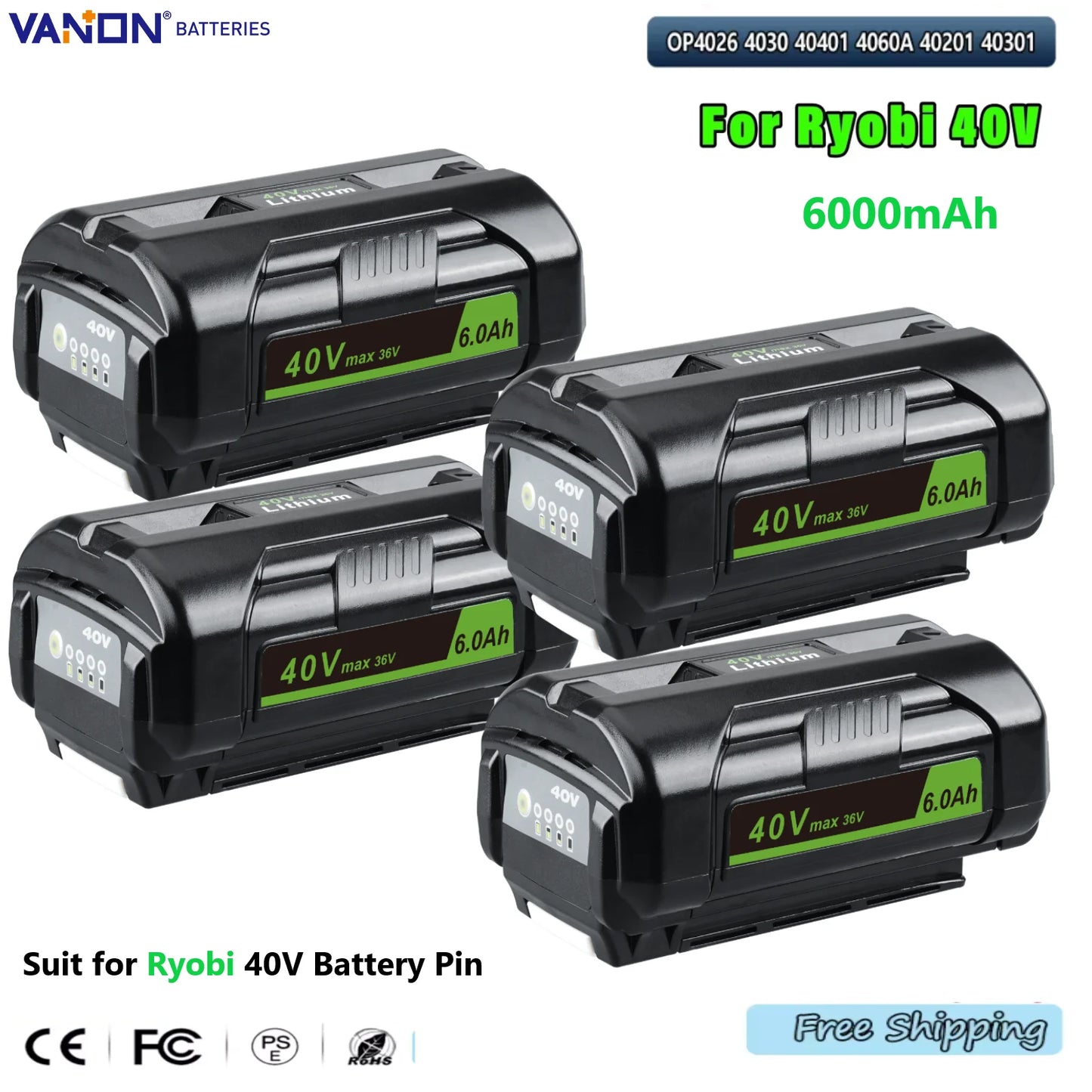 1/2/4Pcs 40V 6.0Ah for Ryobi OP4040 OP4050 Battery Replacement Batteries RY40200 OP4026 Power Tools Li-Ion Battery Pin