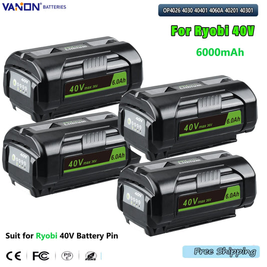 1/2/4Pcs 40V 6.0Ah for Ryobi OP4040 OP4050 Battery Replacement Batteries RY40200 OP4026 Power Tools Li-Ion Battery Pin