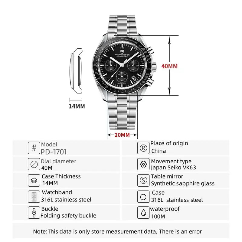 PAGANI DESIGN 2026 New Moon Watch Retro Quartz Watches For Men Stainless steel Luminous waterproof Luxury Sport Chronograph Man