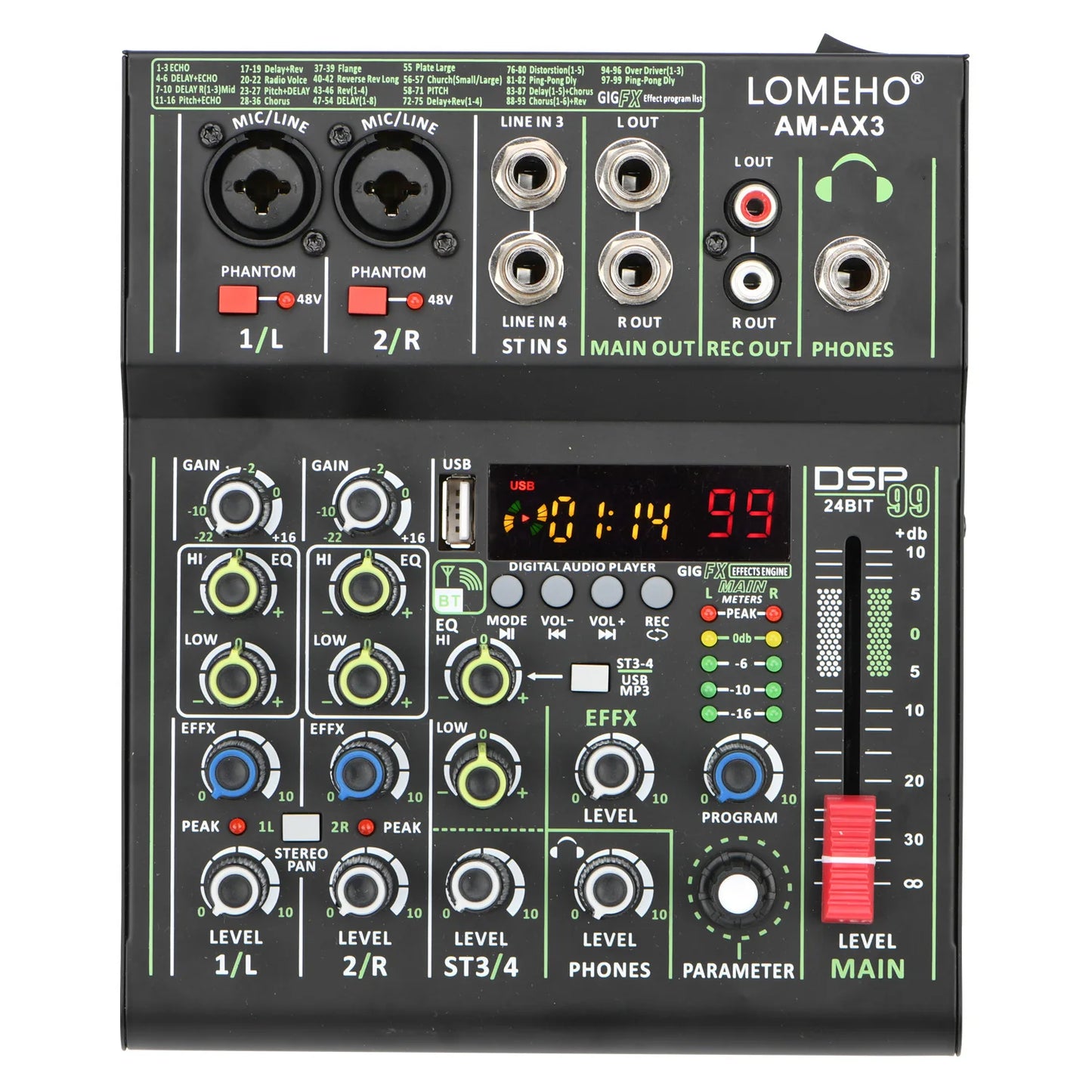 Lomeho 4 Channels Sound Mixer 48V 99 Digital Effect Portable Audio Table Bluetooth USB PC Record Mixing Console Church AM-AX3