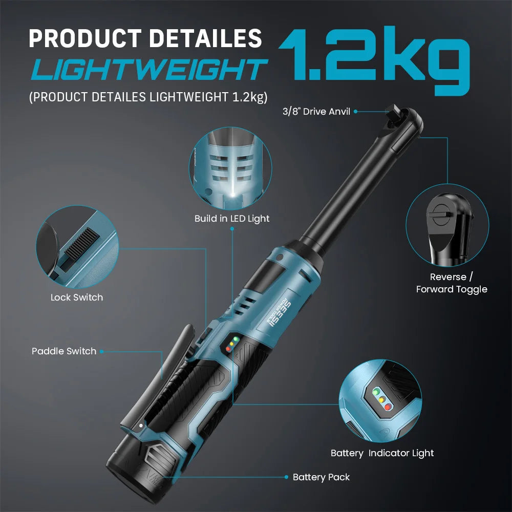 SEESII 6" Extended Ratchet Wrench 3/8"Cordless Electric Wrench 55Nm 12V Rechargeable Angle Wrench Car Repair Tools w/2 Batteries