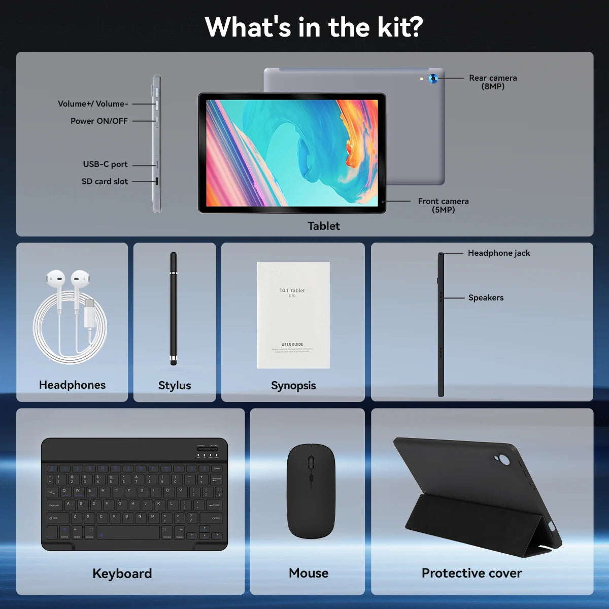 URAO 10 Inch Android 15 Tablet 8 Core Tablets 24GB+128GB 1TB Expansion WiFi6 5MP+8MP Stylus Keyboard Mouse Headphone PC PAD Set