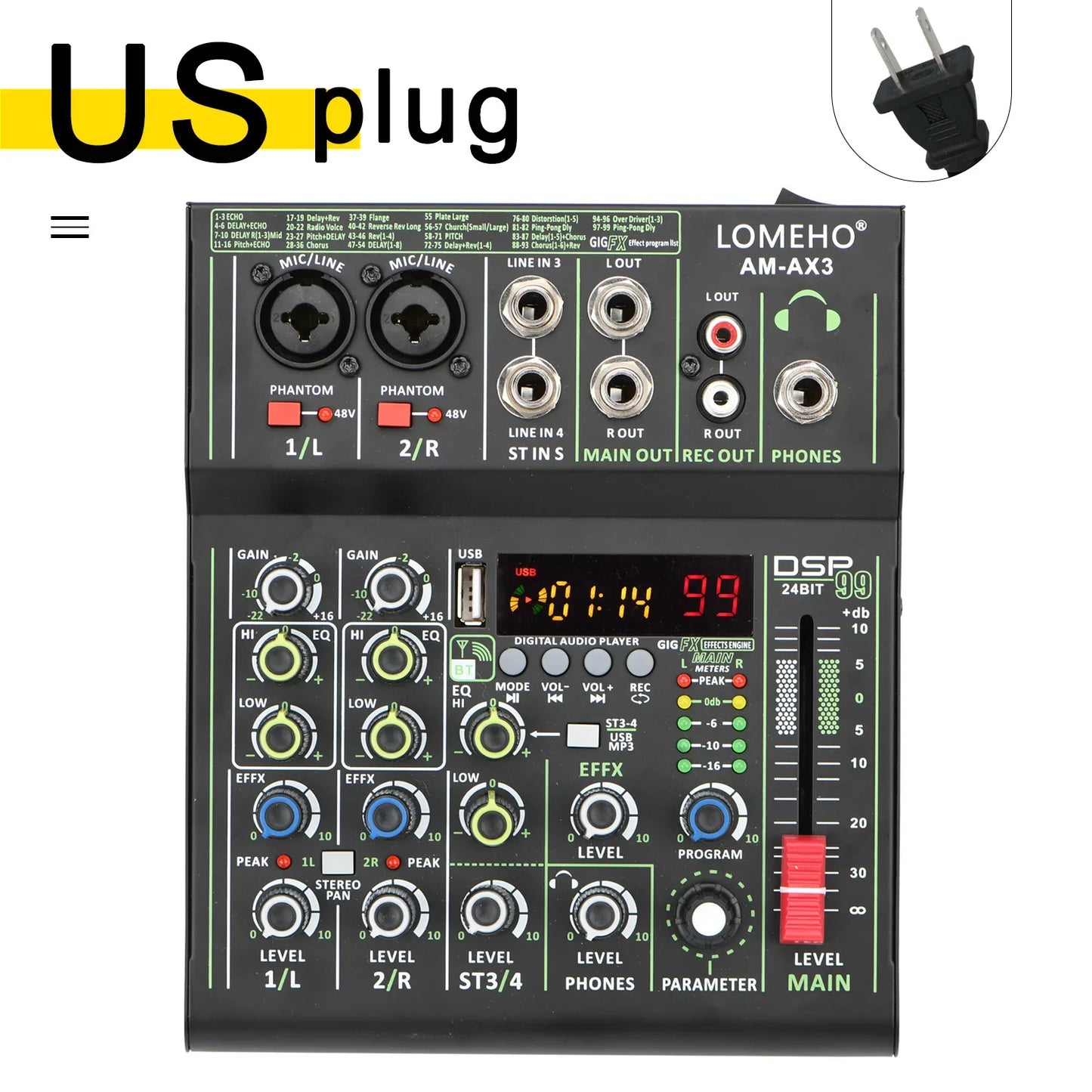 Lomeho 4 Channels Sound Mixer 48V 99 Digital Effect Portable Audio Table Bluetooth USB PC Record Mixing Console Church AM-AX3