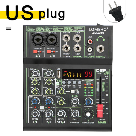 Lomeho 4 Channels Sound Mixer 48V 99 Digital Effect Portable Audio Table Bluetooth USB PC Record Mixing Console Church AM-AX3