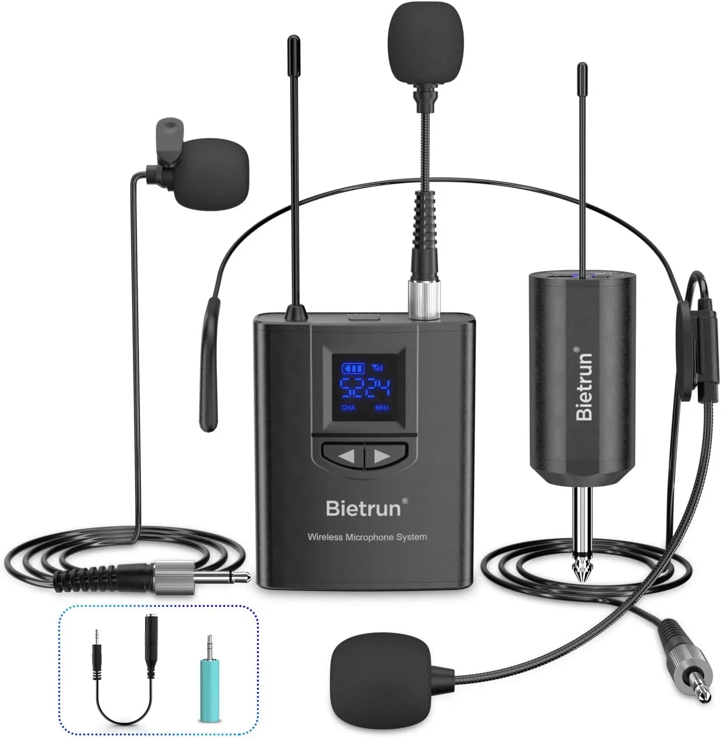 UHF Wireless Lavalier Mic System, 165ft Range, Rechargeable, 1/4' Output for iPhone, Android, DSLR, YouTube