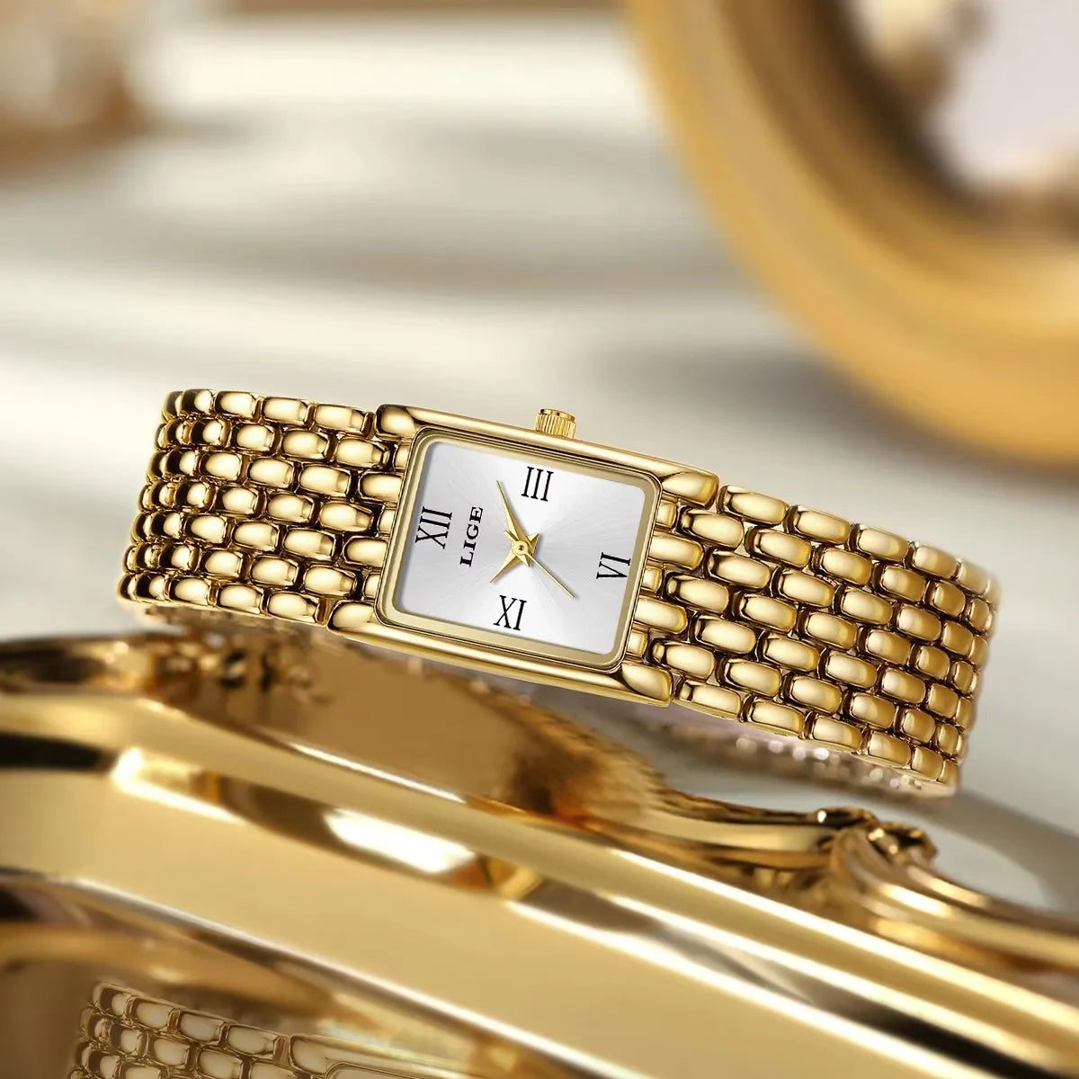 LIGE Luxury Golden Womens Wristwatch Square Quartz Steel Watch for Woman Elegant Bracelet Waterproof Fashion Ladies Watches+Box