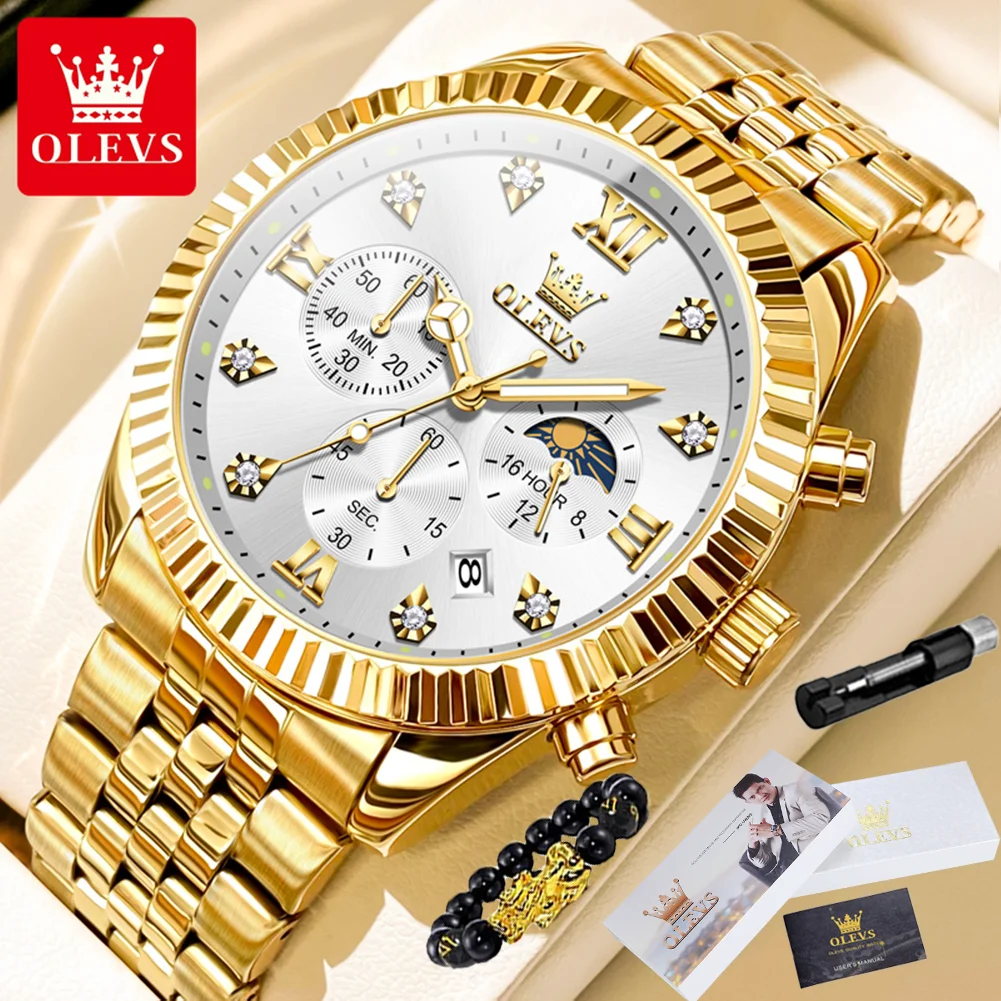 OLEVS Lunar Phase Chronograph Waterproof Mens Wristwatch Stainless Steel
