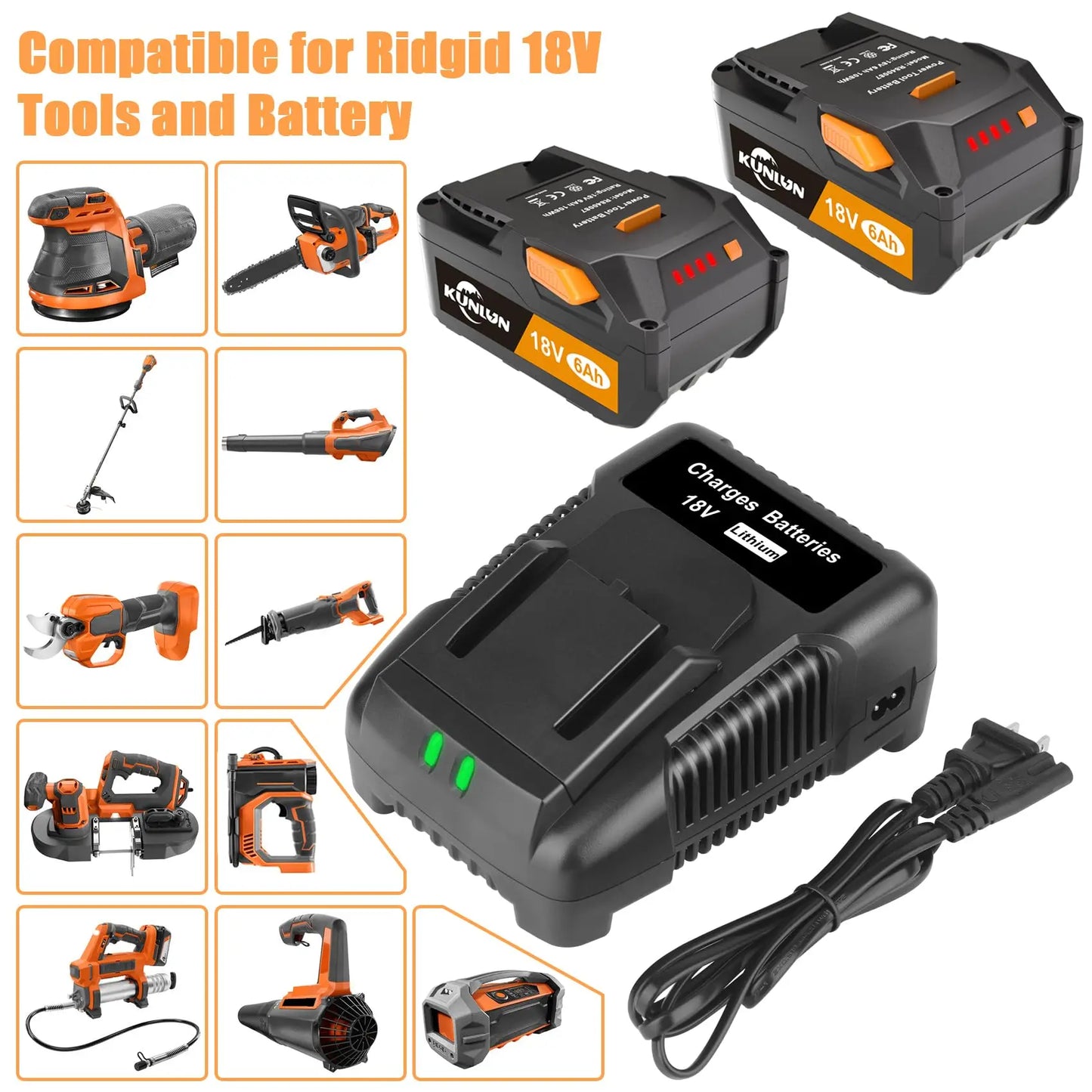 2 Pack 6Ah 18V Replacement Battery and Charger Combo Compatible for Ridgid 18V Battery for Ridgid Tools R840087 R840083 R840086