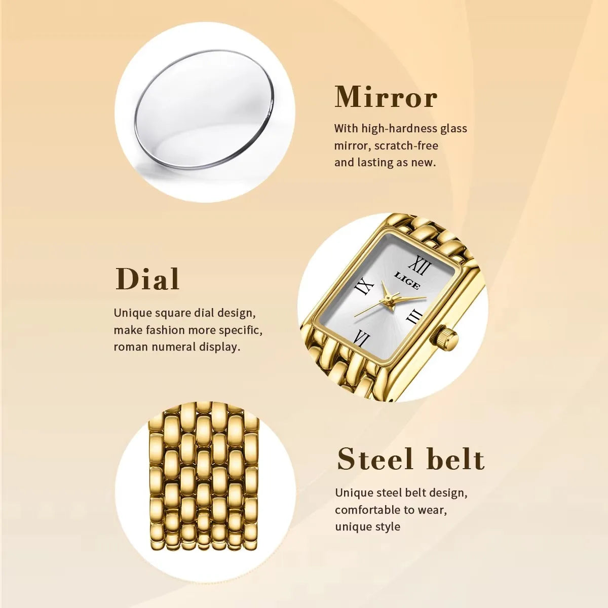 LIGE Luxury Golden Womens Wristwatch Square Quartz Steel Watch for Woman Elegant Bracelet Waterproof Fashion Ladies Watches+Box