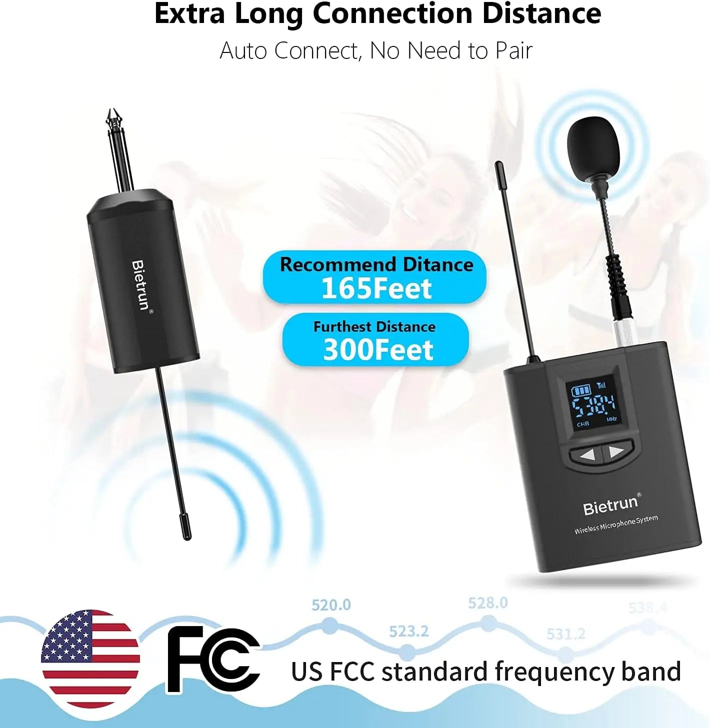 UHF Wireless Lavalier Mic System, 165ft Range, Rechargeable, 1/4' Output for iPhone, Android, DSLR, YouTube