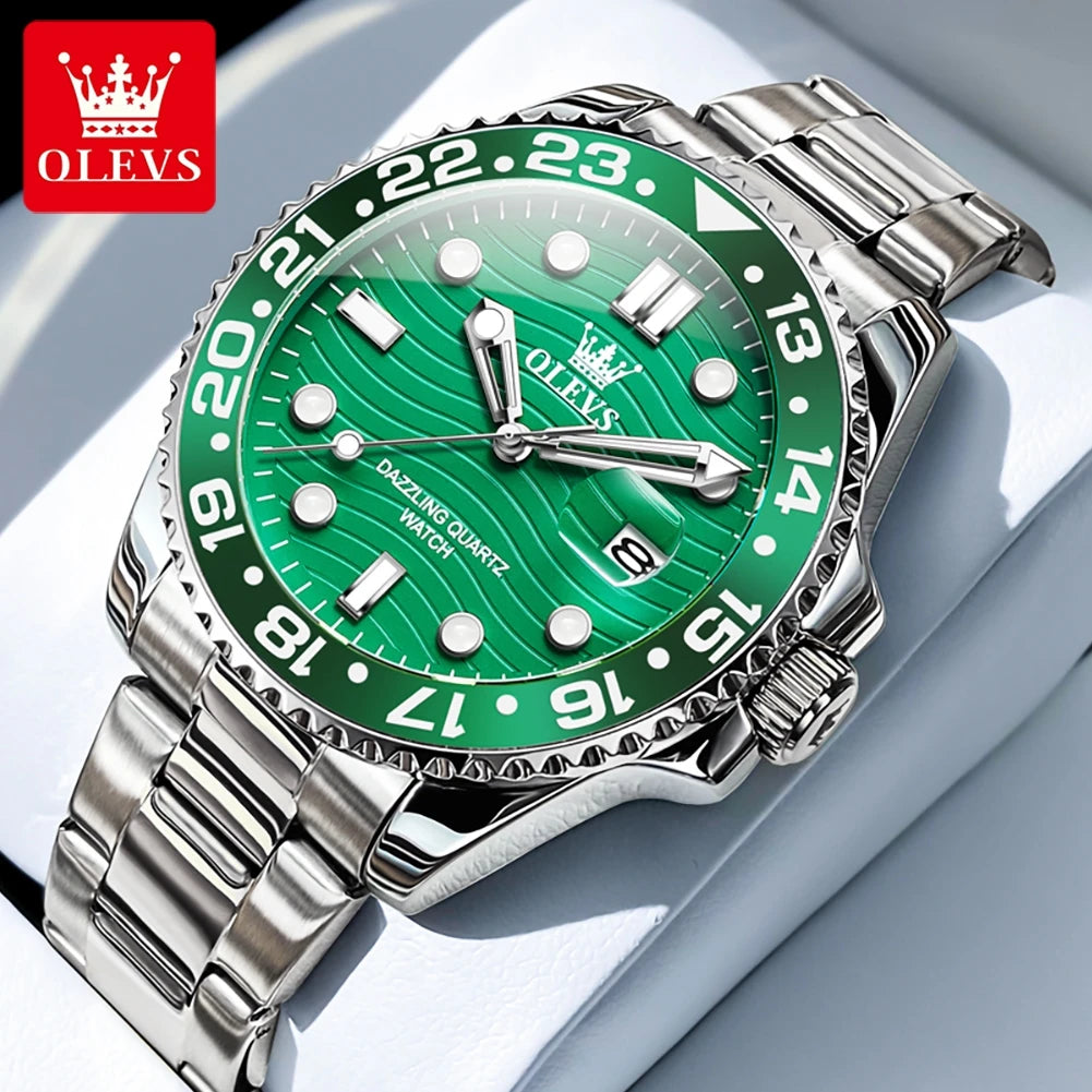 OLEVS 3610 Men Watch Fashion Original Diving Series Waterproof Date Rotating Dial Stainless Steel Luxury Brand Men Quartz Watch