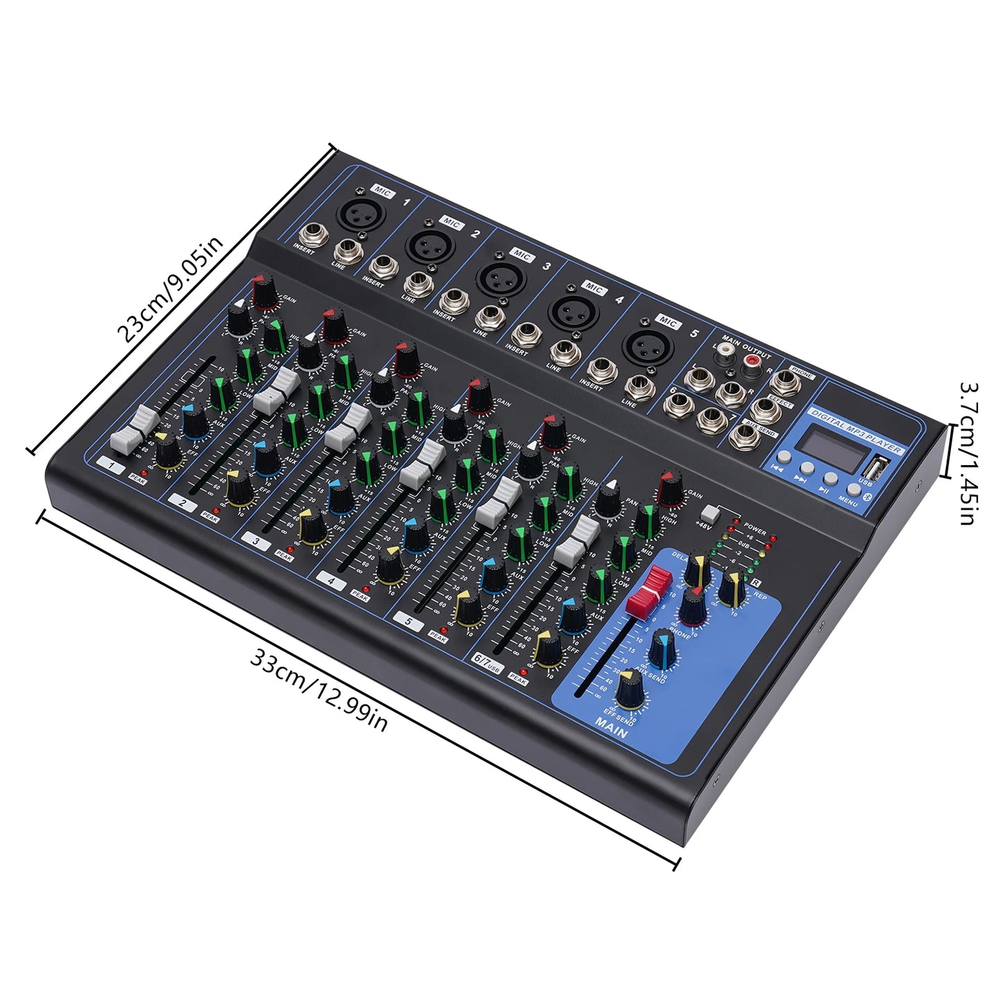 Bluetooth Portable 7-channel Audio Mixer with USB DJ Sound Mixing Console MP3 Jack 48V Power for Studio Recording