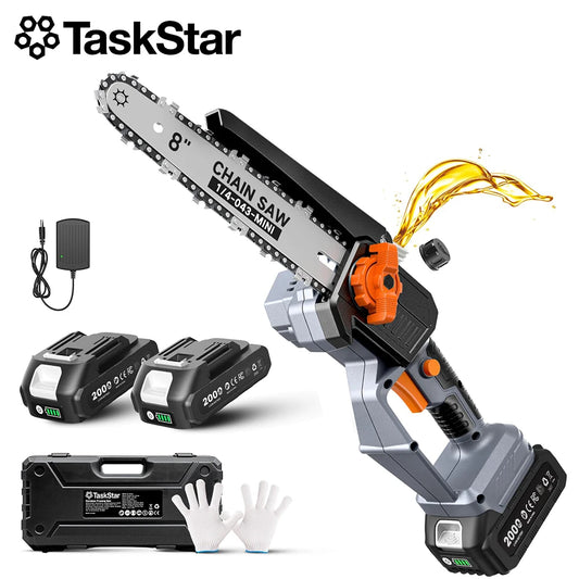 TaskStar 8-inch Electric Saw 2 2.0Ah Batteries Powered Portable Cordless Power Chainsaw For Branches Tree Trimming Wood Cutting