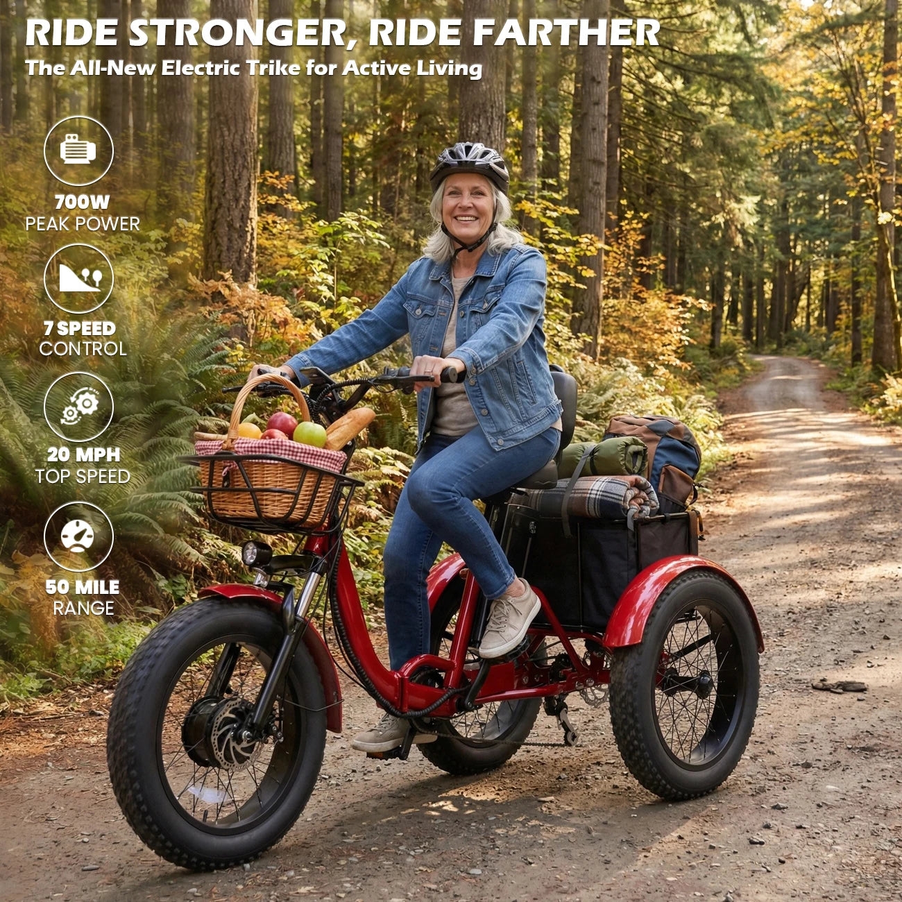 PEAK 1000W Foldable Electric Trike for Adults 50-Mile Range 48V 15AH Removable Battery&7-Speed Gearing 20"X4.4"Fat Tire Tricycle