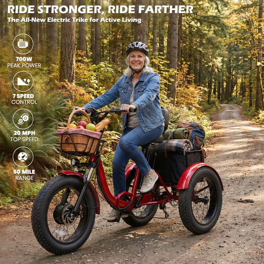 PEAK 1000W Foldable Electric Trike for Adults 50-Mile Range 48V 15AH Removable Battery&7-Speed Gearing 20"X4.4"Fat Tire Tricycle