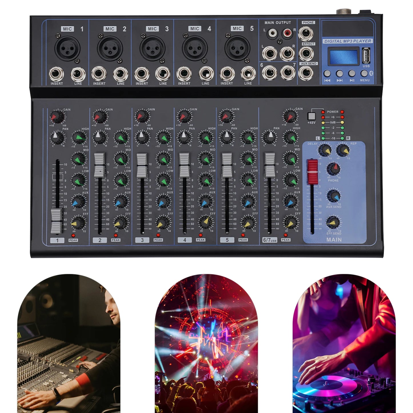 Bluetooth Portable 7-channel Audio Mixer with USB DJ Sound Mixing Console MP3 Jack 48V Power for Studio Recording