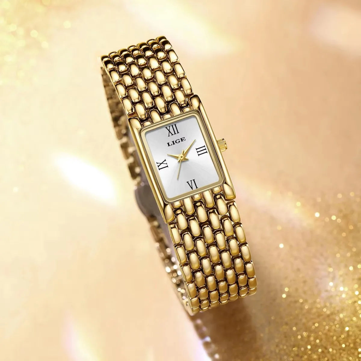 LIGE Luxury Golden Womens Wristwatch Square Quartz Steel Watch for Woman Elegant Bracelet Waterproof Fashion Ladies Watches+Box