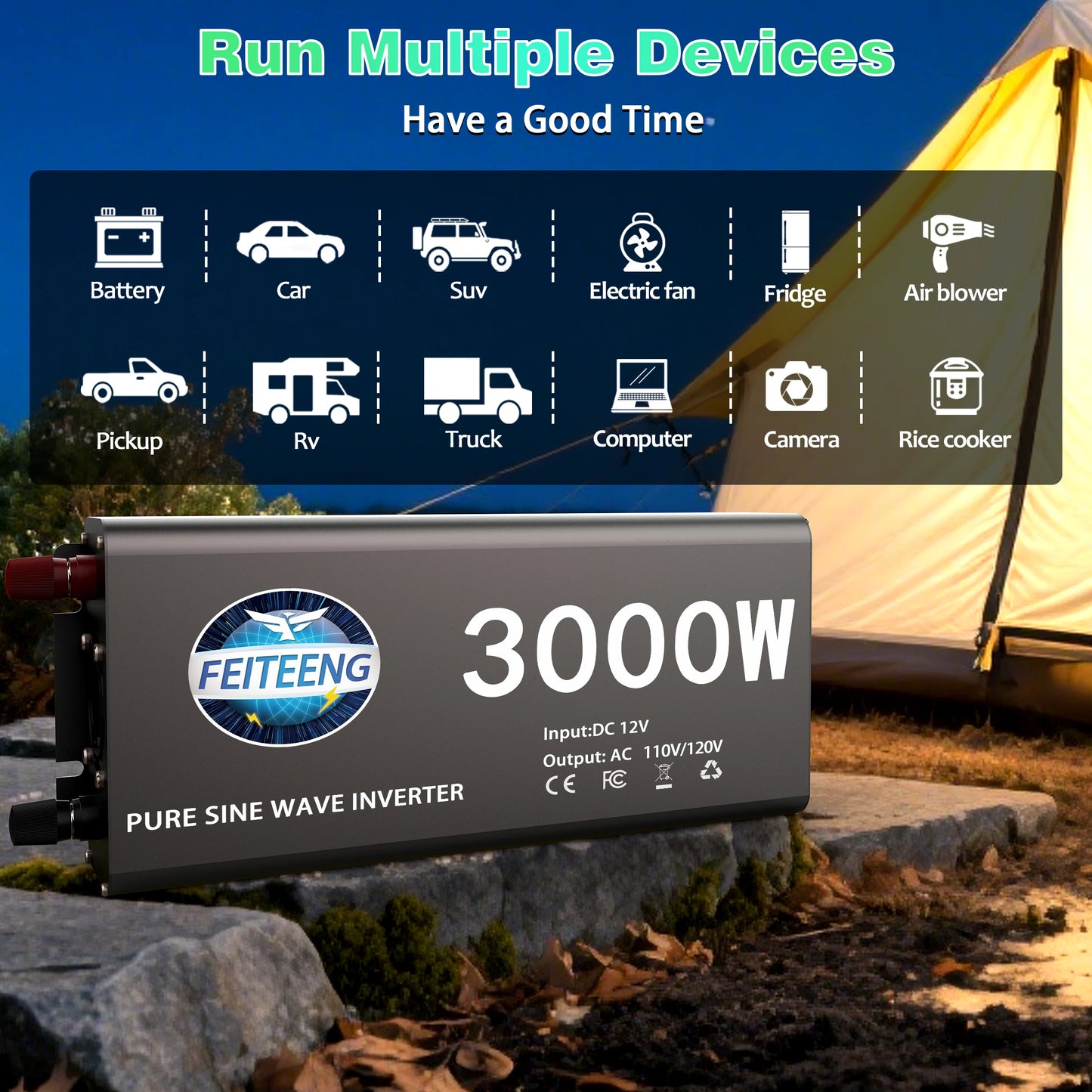 3000W Pure Sine Wave Power Inverter 12V to 110V 120V AC with Outlets USB Type-C for RV Camping Battery Backup