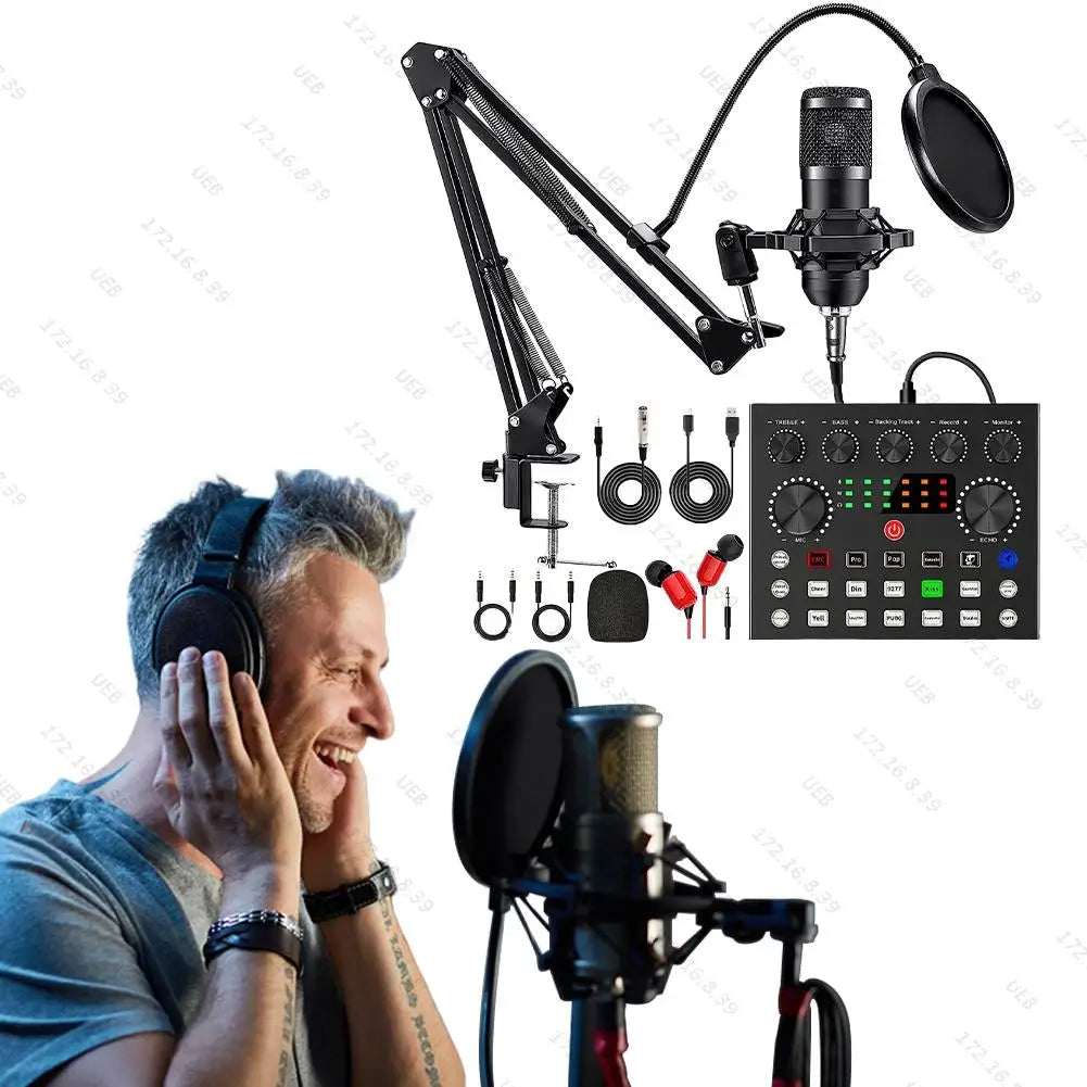 Professional Podcast Microphone SoundCard Kit for PC Smartphone Laptop Computer Vlog Recording Live Streaming YouTube