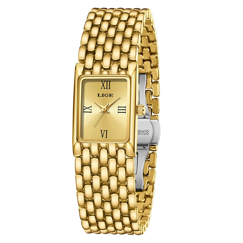 LIGE Luxury Golden Womens Wristwatch Square Quartz Steel Watch for Woman Elegant Bracelet Waterproof Fashion Ladies Watches+Box