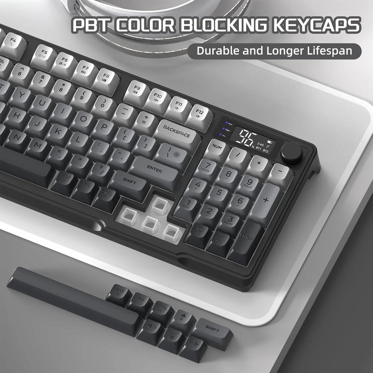 M96 Wireless Gaming Keyboard Creamy Membrane with Rainbow Backlight,Media Knob,LCD Screen,Dual Mode-Bluetooth/2.4Ghz,Ball Shape
