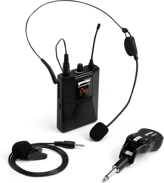 Gemini UHF Wireless Mic System – Dual Lavalier & Headset, USB Rechargeable, 50m Range, Cardioid for Teaching, Streaming
