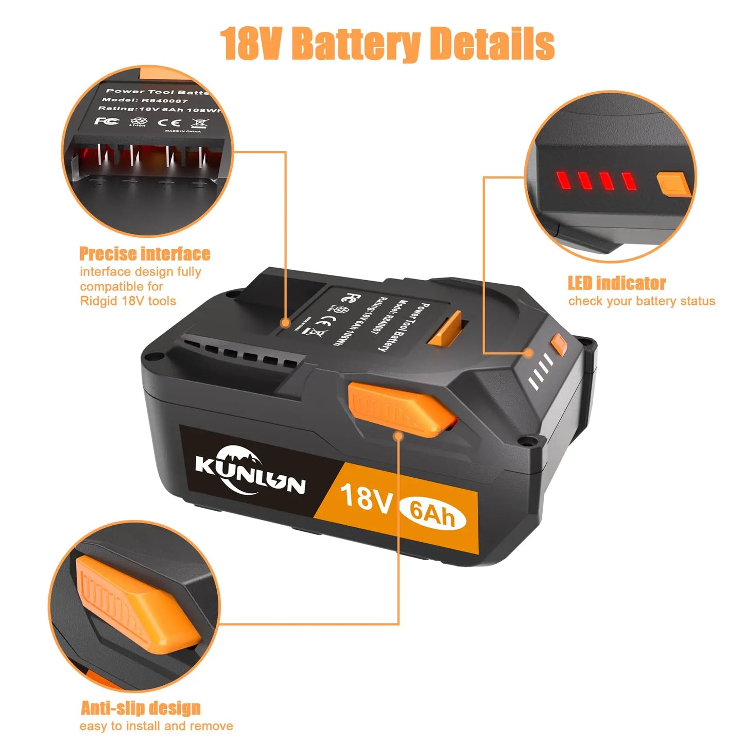 2 Pack 6Ah 18V Replacement Battery and Charger Combo Compatible for Ridgid 18V Battery for Ridgid Tools R840087 R840083 R840086