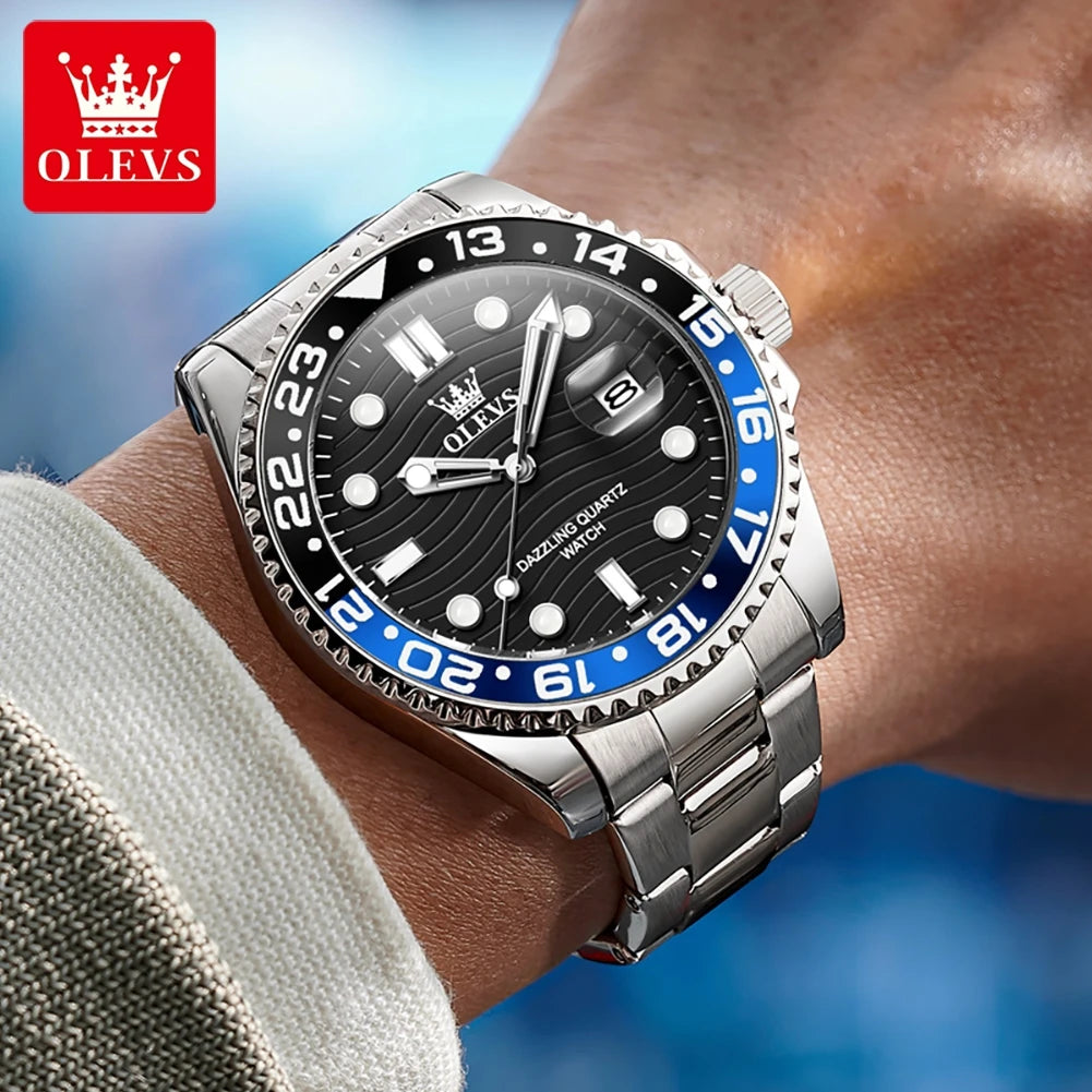 OLEVS 3610 Men Watch Fashion Original Diving Series Waterproof Date Rotating Dial Stainless Steel Luxury Brand Men Quartz Watch