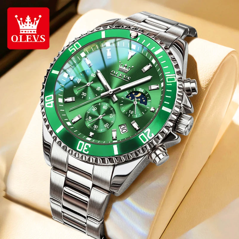OLEVS Moon Phase Men's Wristwatch Stainless Steel Waterproof Quartz Chronograph
