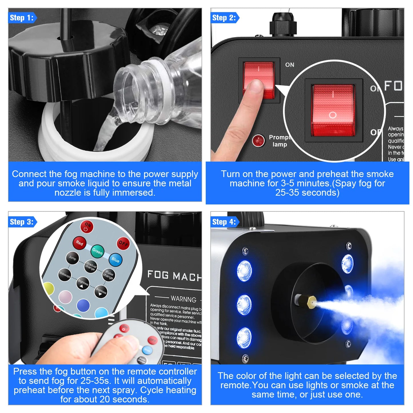 Datewink 1200W Smoke Fog Machine RGB 6LEDs Stage Lighting Effect Haze Generator Remote Control For Party DJ Disco Club Wedding