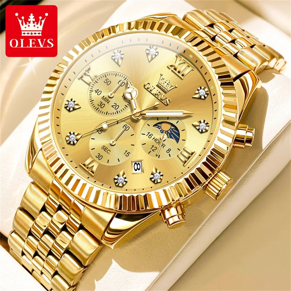 OLEVS Lunar Phase Chronograph Waterproof Mens Wristwatch Stainless Steel