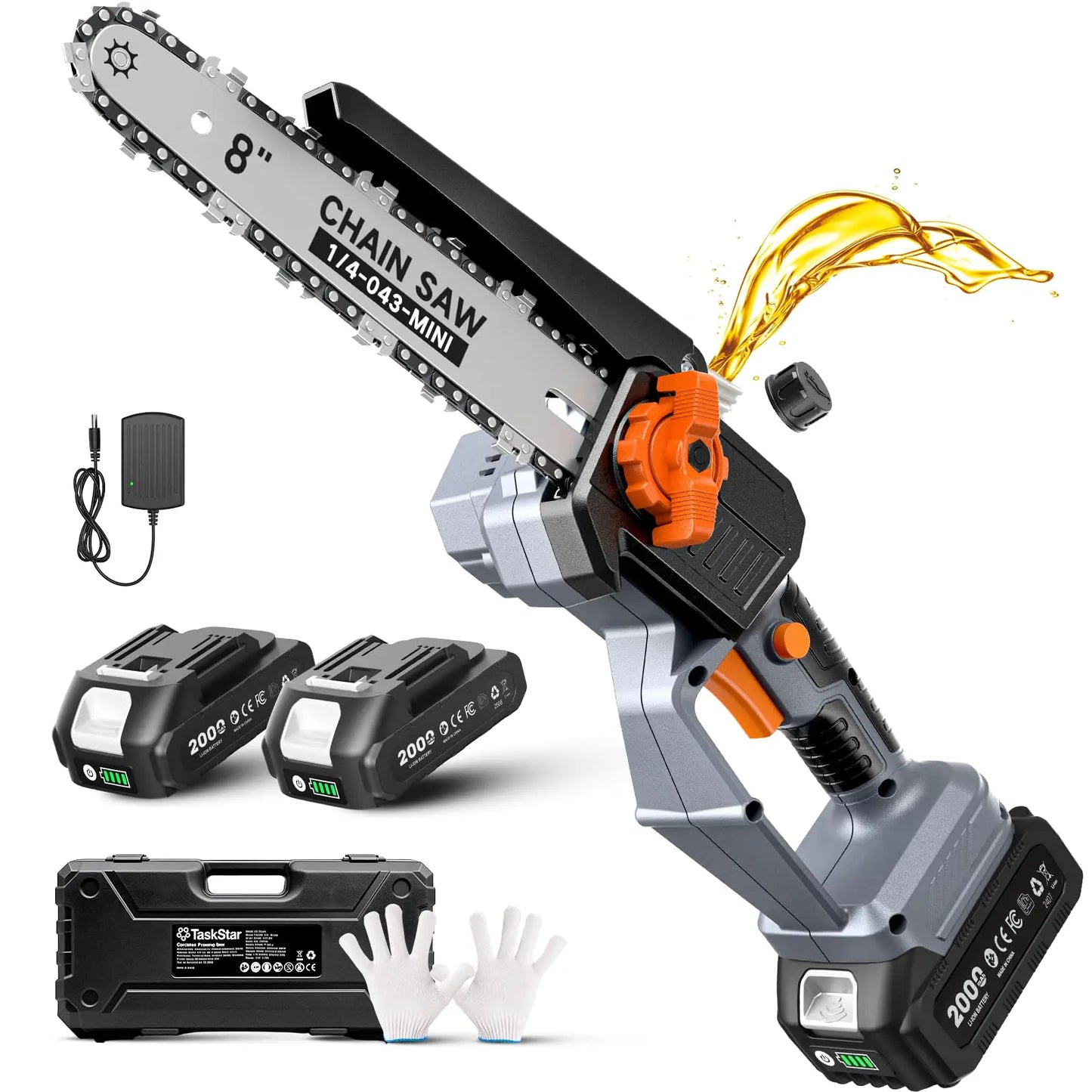 TaskStar 8-inch Electric Saw 2 2.0Ah Batteries Powered Portable Cordless Power Chainsaw For Branches Tree Trimming Wood Cutting