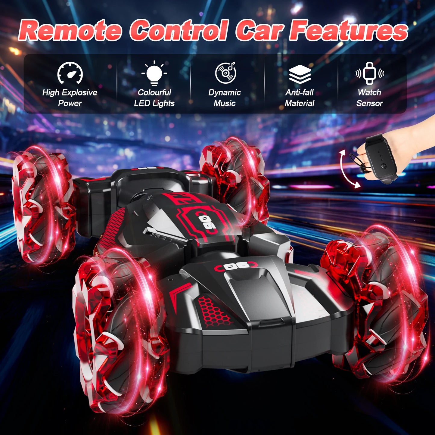Gesture-controlled 360-degree stunt remote-control car, available in red or blue. The perfect gift for children aged 6+Christmas