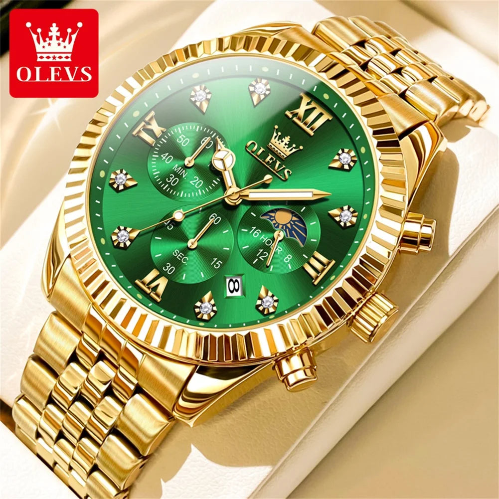 OLEVS Lunar Phase Chronograph Waterproof Mens Wristwatch Stainless Steel