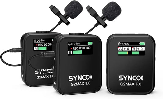 SYNCO Wireless Lavalier Microphone, G2(A2) MAX 2.4G Dual Transmitter Recording 200m 8H for Online Class Vlog Stream YouTube