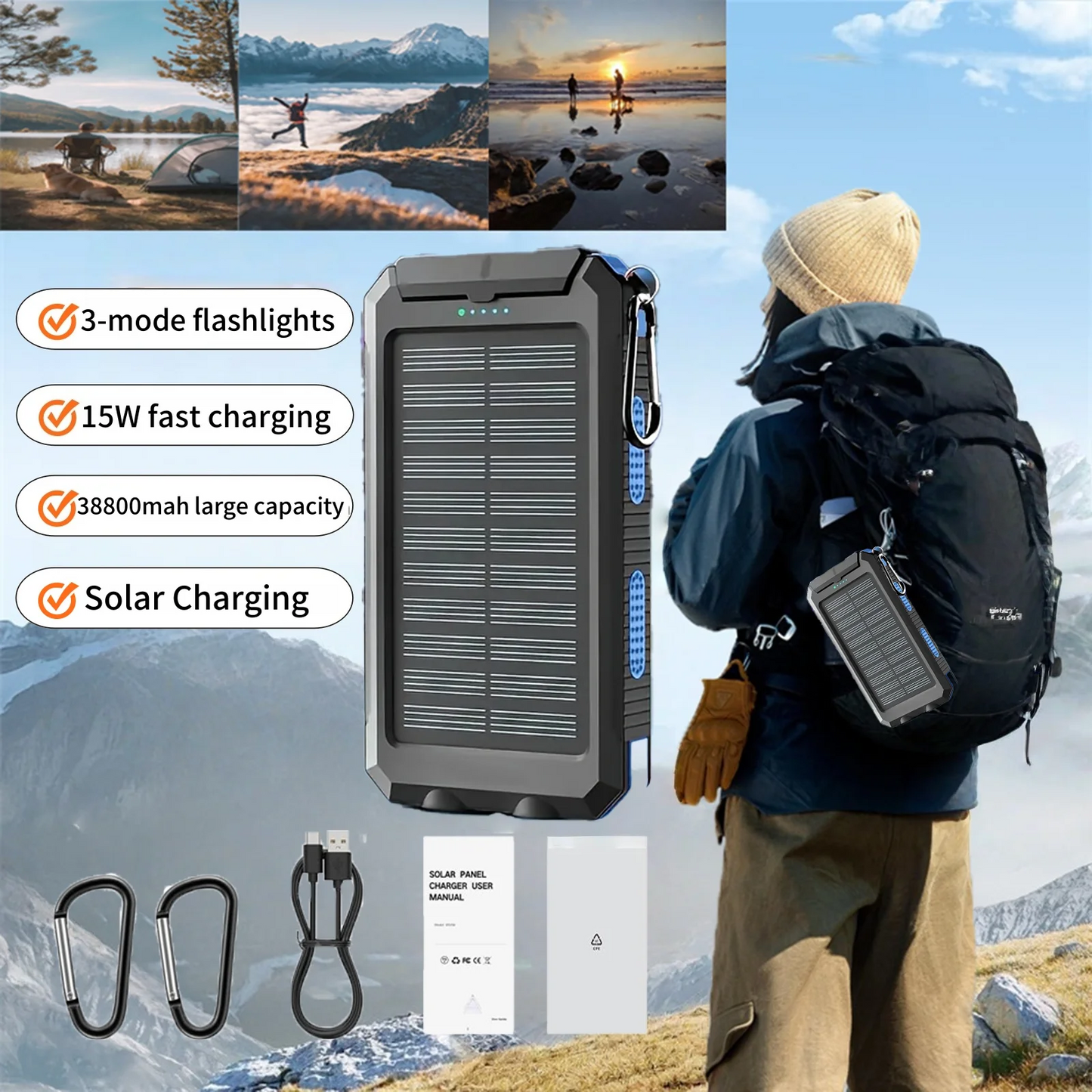 38800mAh Solar Power Bank  Waterproof Outdoor  Dual USB Travel Outdoor Solar Mobile Phone Charger Solar Powerbanks For Camping