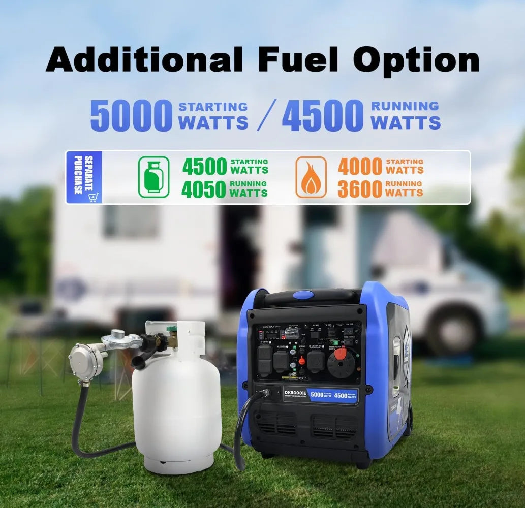 5000W Inverter Generator, Electric Start, Dual/Tri-Fuel, 120V/240V Output, Wheel Kit for Home Backup Power