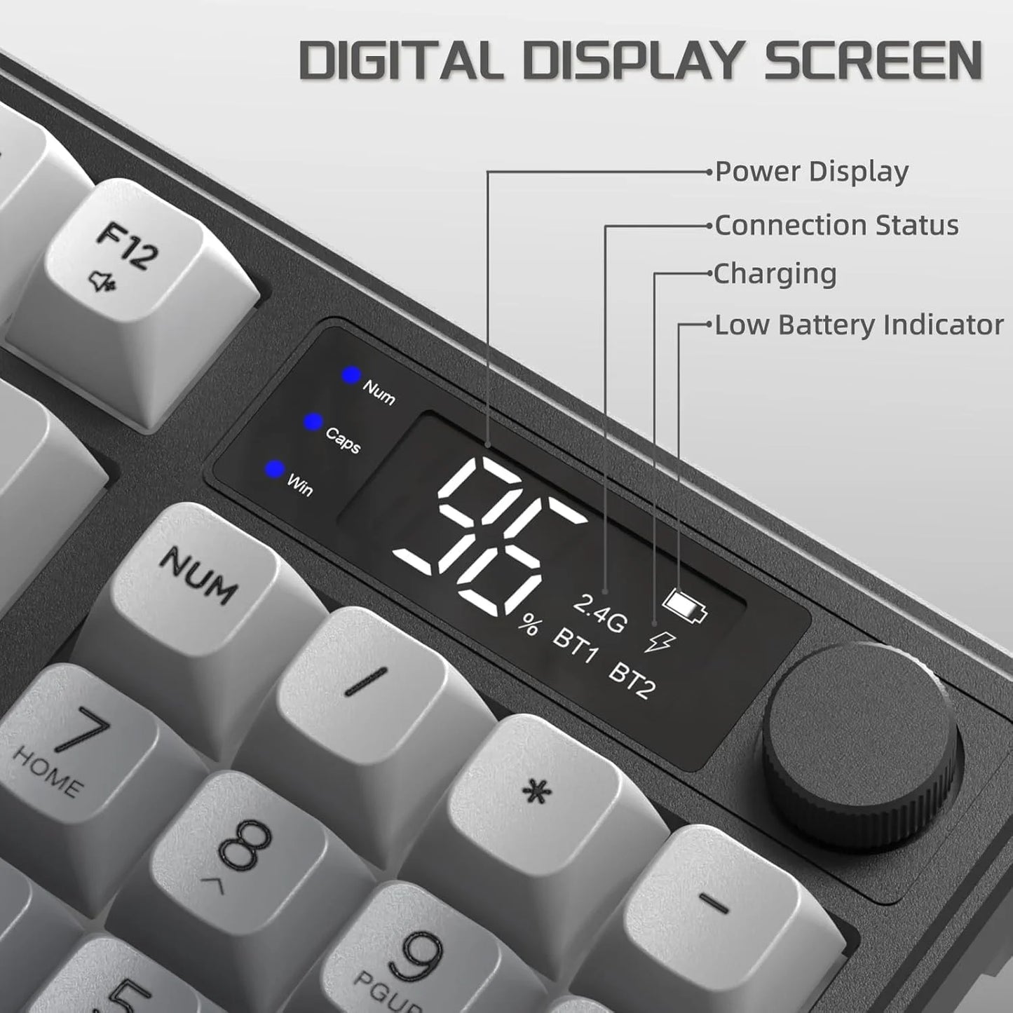 M96 Wireless Gaming Keyboard Creamy Membrane with Rainbow Backlight,Media Knob,LCD Screen,Dual Mode-Bluetooth/2.4Ghz,Ball Shape