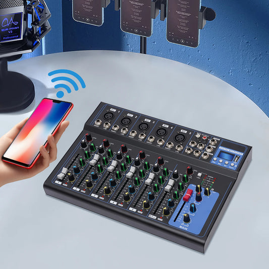 Bluetooth Portable 7-channel Audio Mixer with USB DJ Sound Mixing Console MP3 Jack 48V Power for Studio Recording