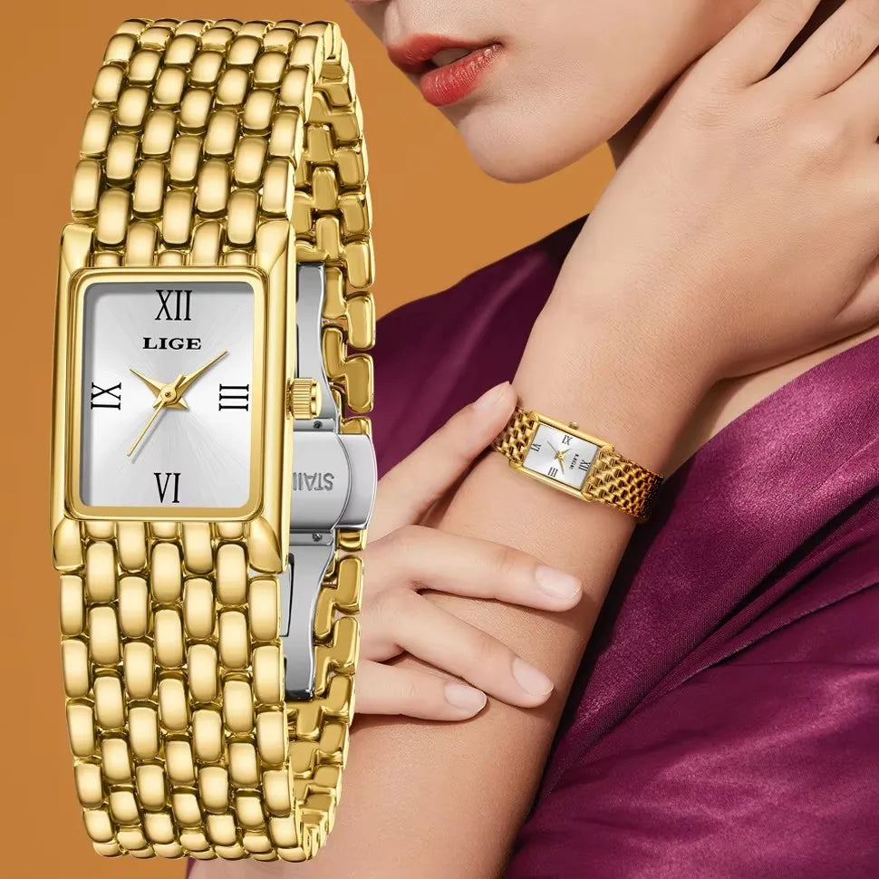 LIGE Luxury Golden Womens Wristwatch Square Quartz Steel Watch for Woman Elegant Bracelet Waterproof Fashion Ladies Watches+Box