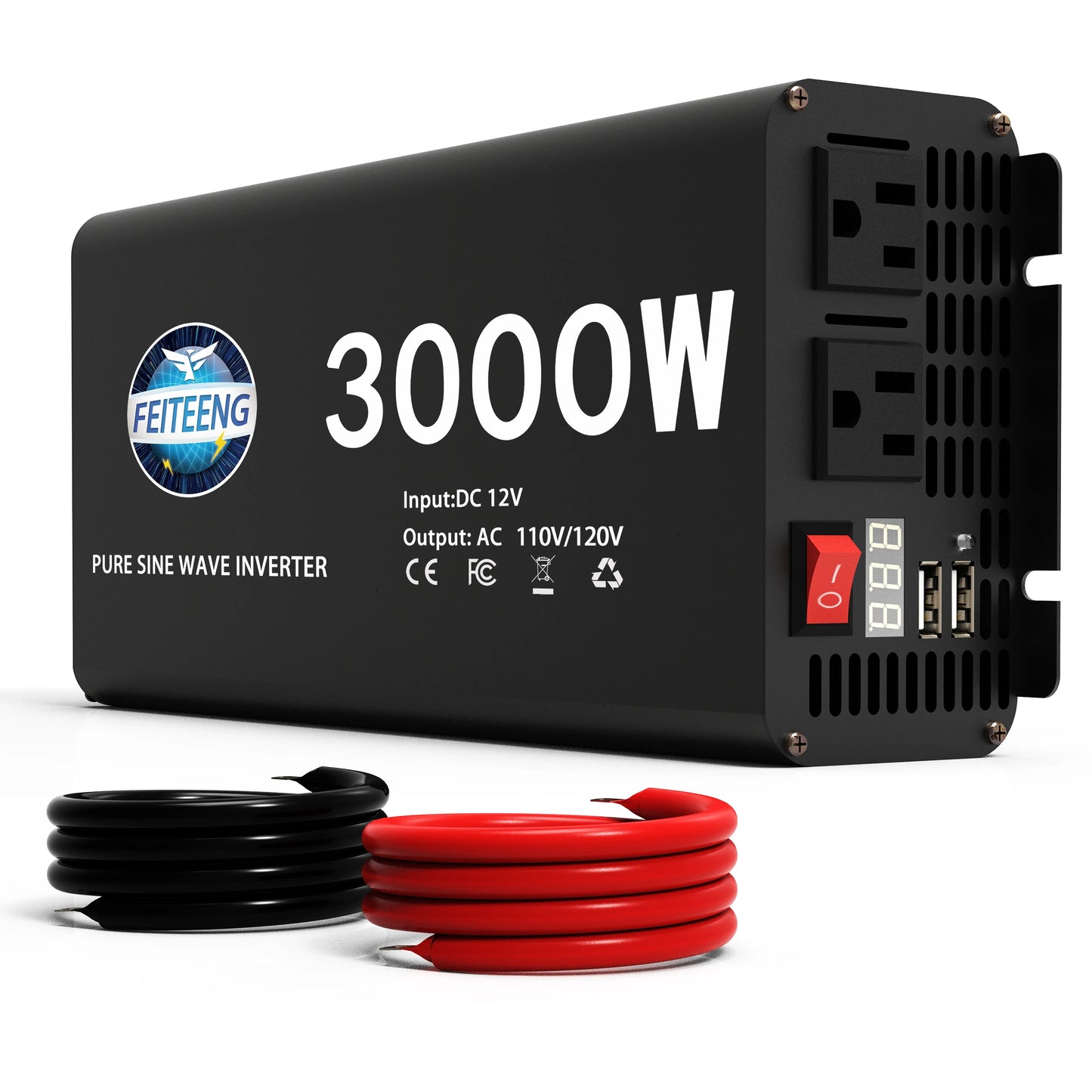 3000W Pure Sine Wave Power Inverter 12V to 110V 120V AC with Outlets USB Type-C for RV Camping Battery Backup