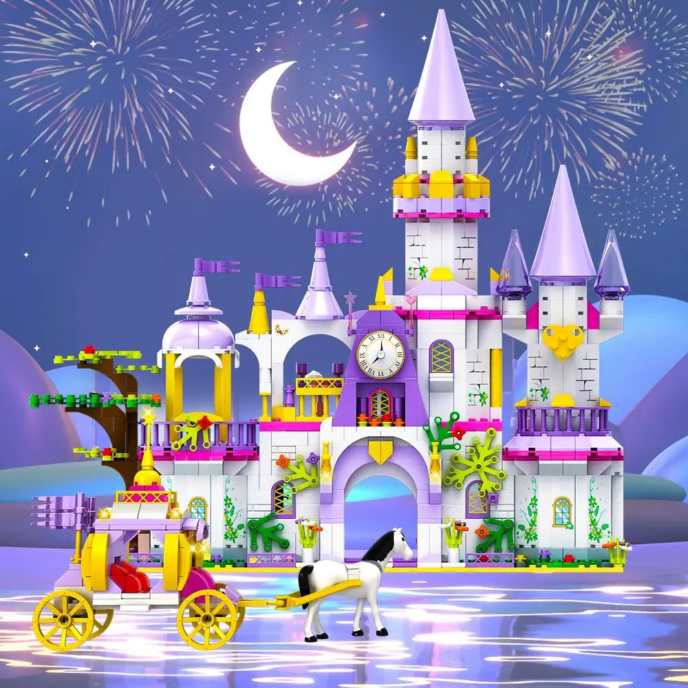 HOGOKIDS Girls Princess Castle Building Toys-5 in 1 Purple Castle & Carriage Playset  Blocks Set Kids STEM Kit Brithday for kid