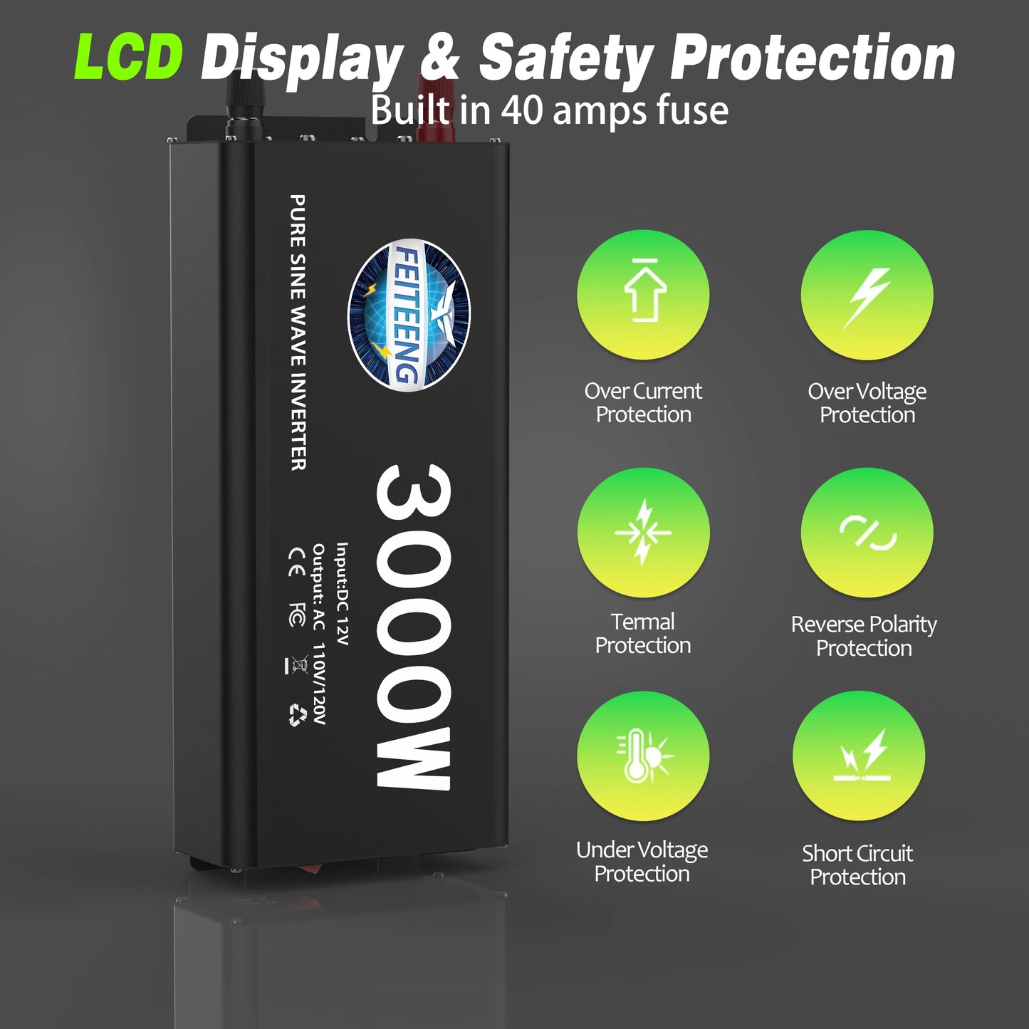 3000W Pure Sine Wave Power Inverter 12V to 110V 120V AC with Outlets USB Type-C for RV Camping Battery Backup