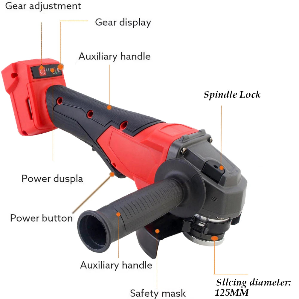 125mm Brushless Electric Angle Grinder 3 Gears Cordless Grinder Cutting Machine Power Tool For Milwaukee 18V Battery Pin